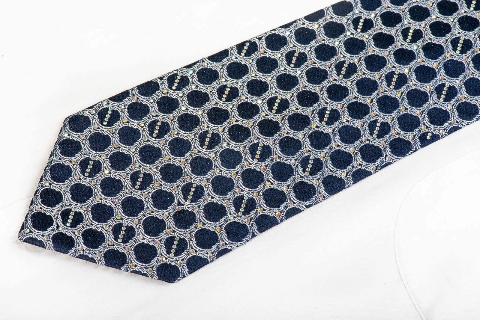 Renoma Men's Silk Rhinestone Necktie Silver Interlocking Chains On Navy - Image 3
