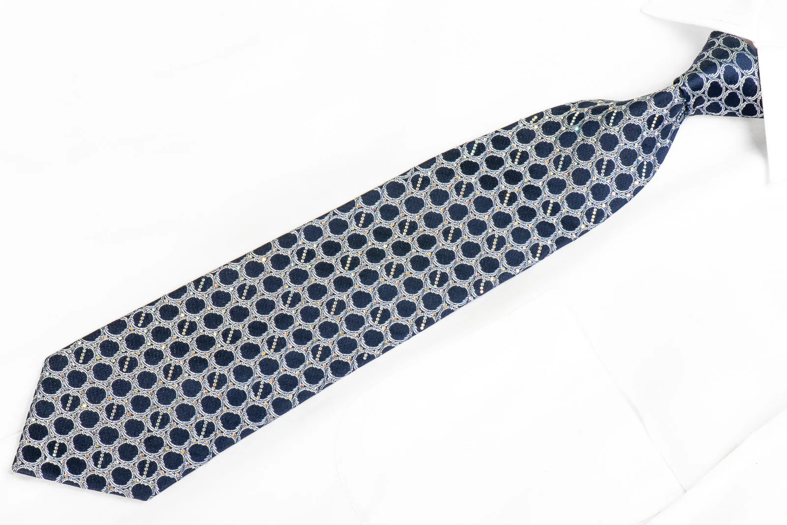 Renoma Men's Silk Rhinestone Necktie Silver Interlocking Chains On Navy - Image 4