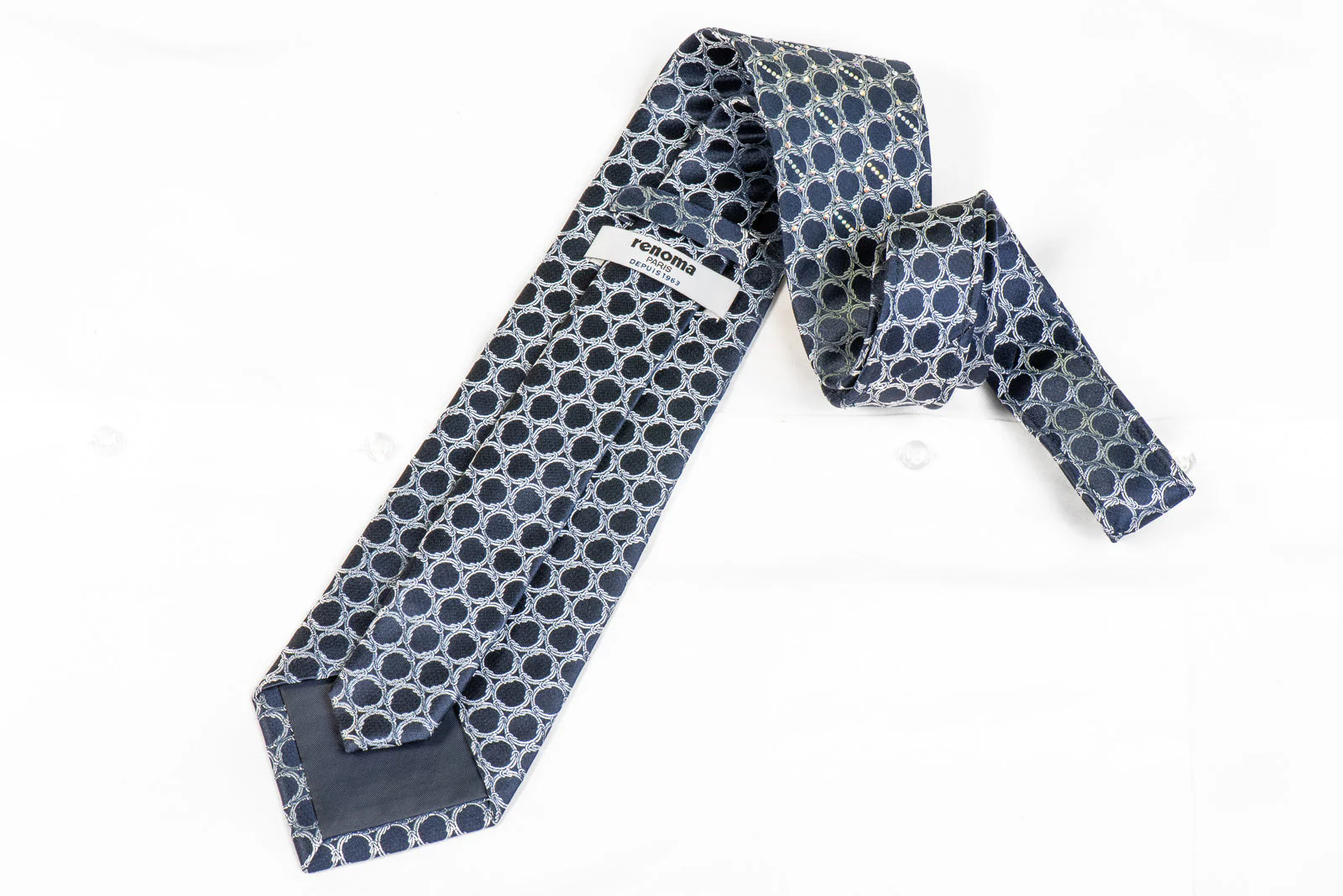 Renoma Men's Silk Rhinestone Necktie Silver Interlocking Chains On Navy - Image 5