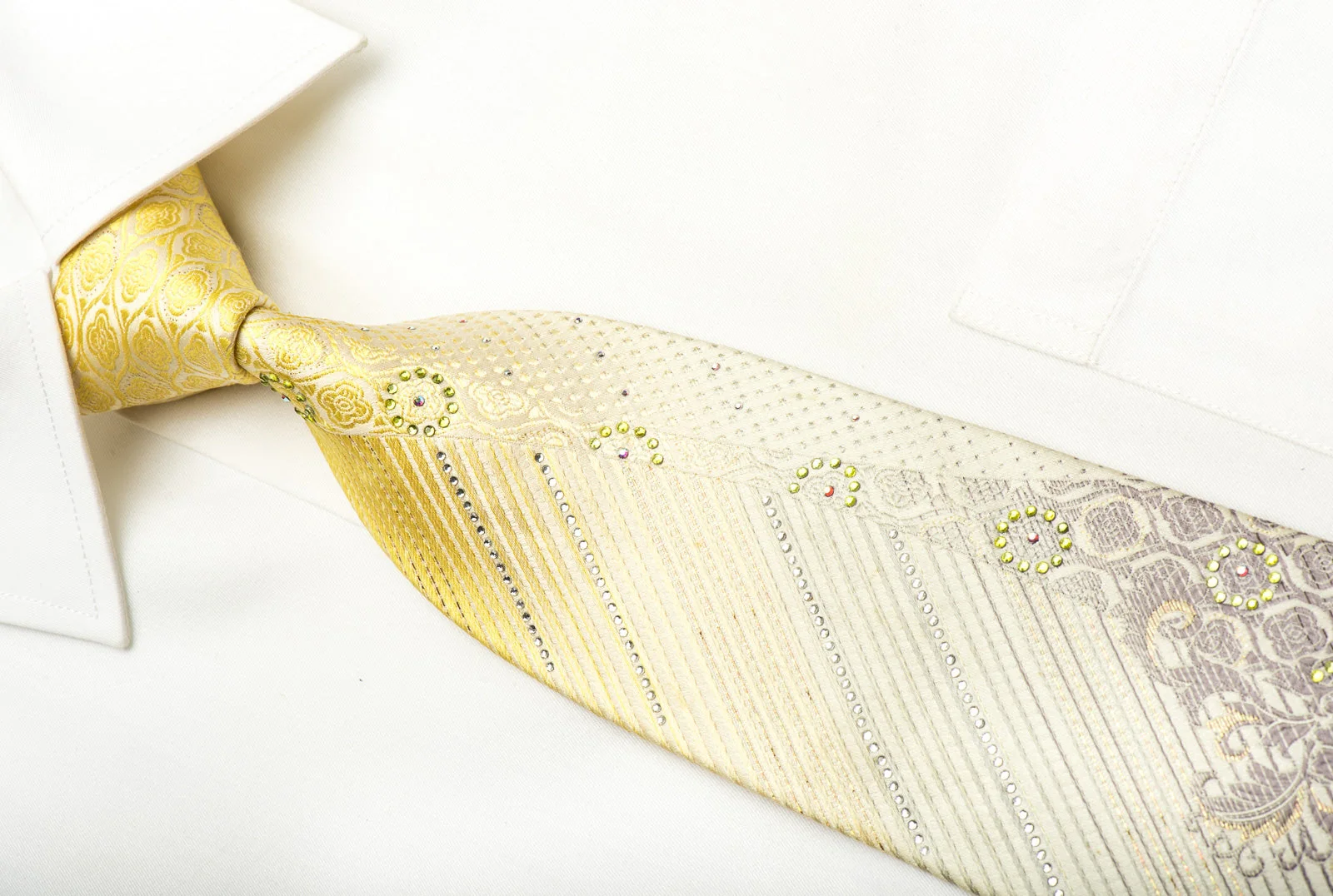 Renoma Men's Silk Rhinestone Necktie Striped & Floral On Yellow With Sparkles - Image 2