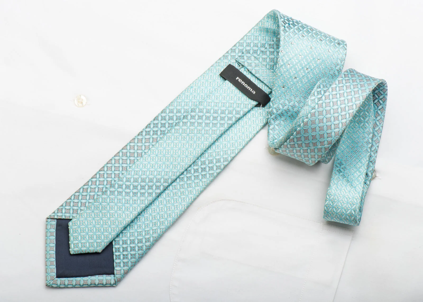 Renoma Men's Silk Tie Geometric On Blue Sparkling With Crystal Rhinestones - Image 4