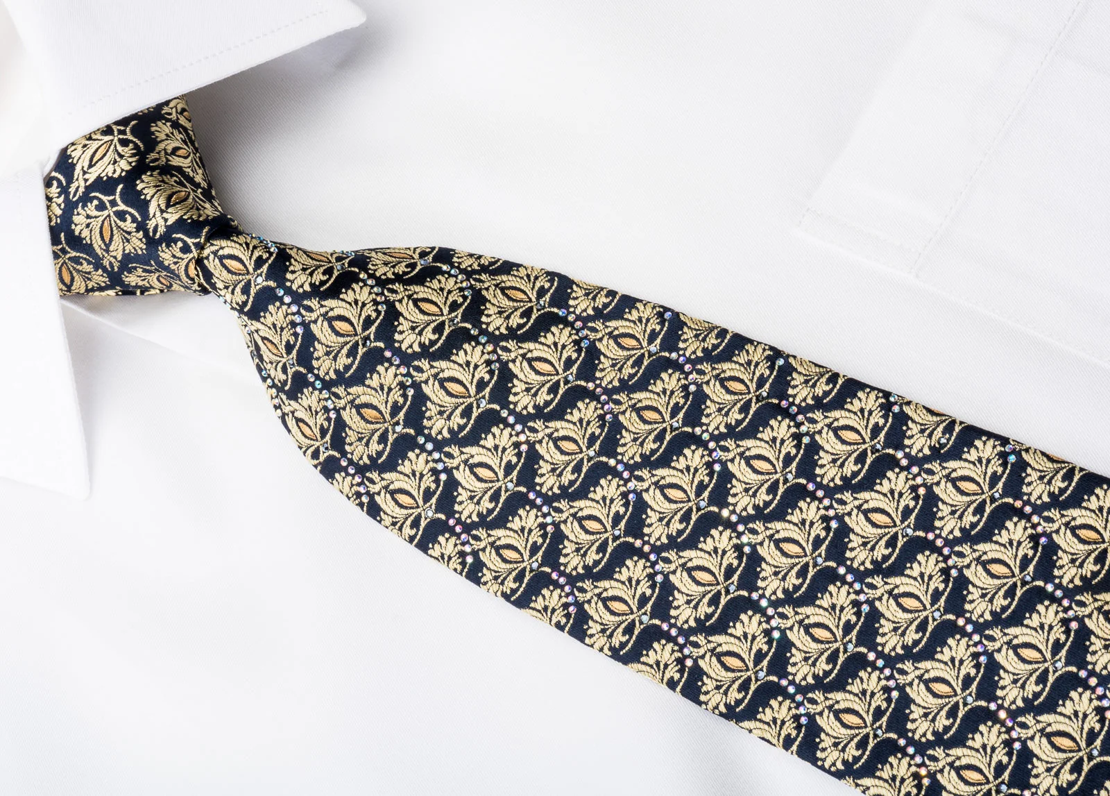 Renoma Men's Silk Tie Gold Baroque On Navy Sparkling With Rhinestones - Image 2
