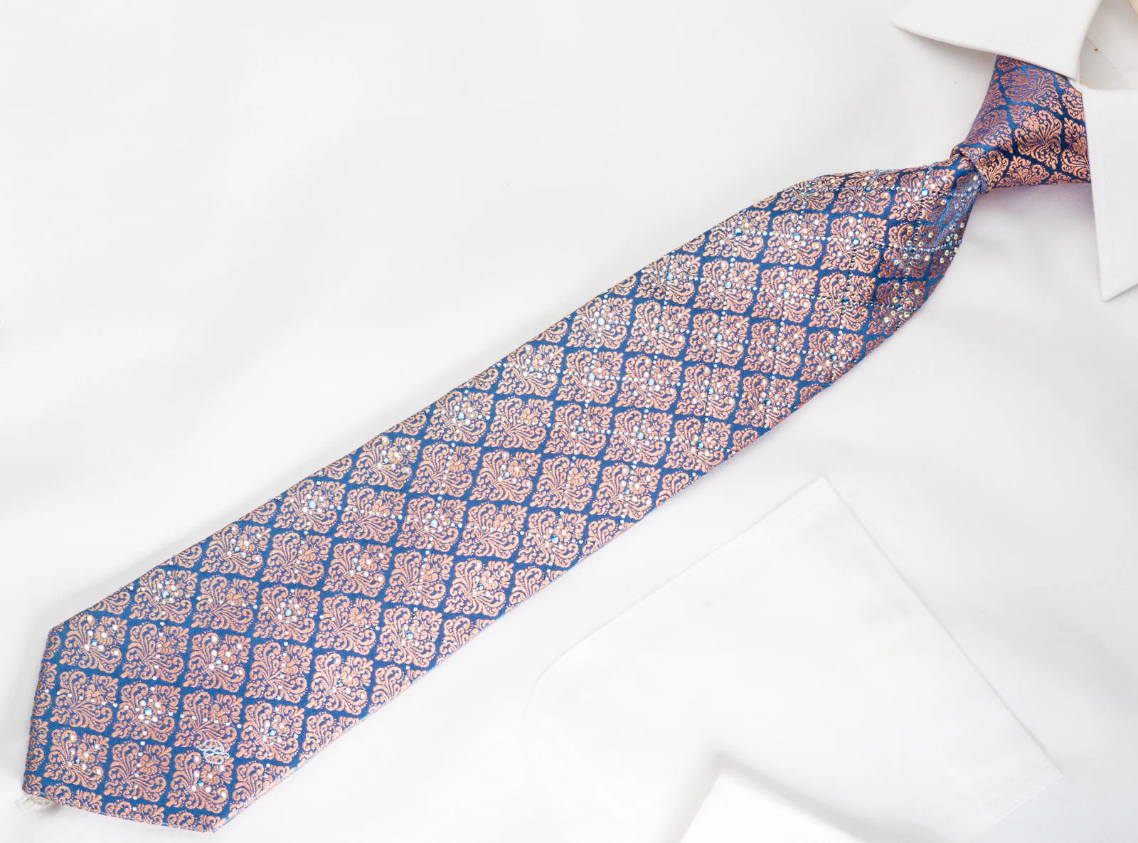 Renoma Men's Silk Tie Orange Damask On Blue Sparkling With Rhinestones - Image 3