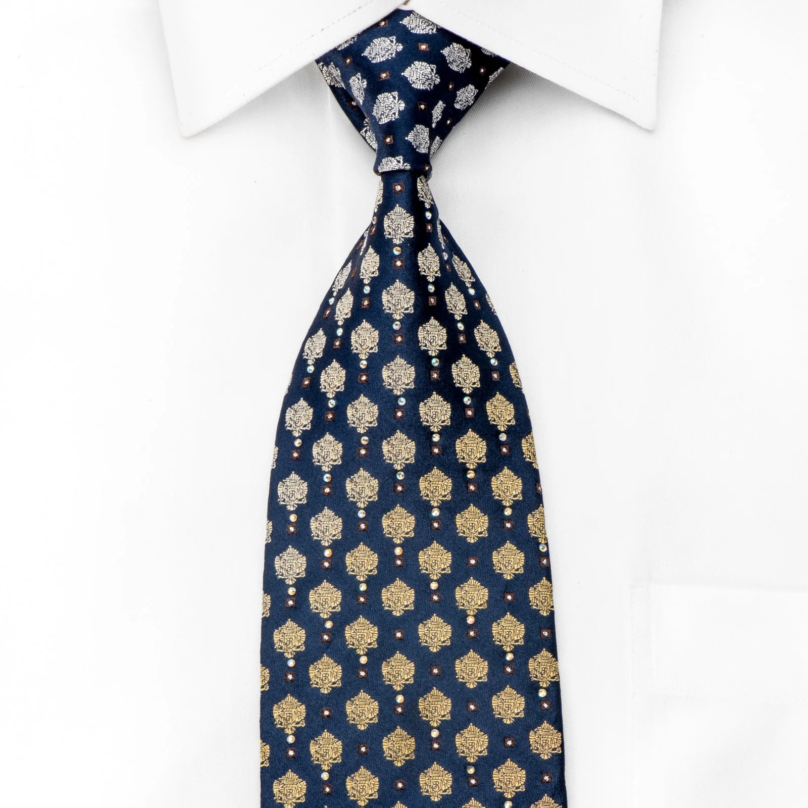 Renoma Mens Crystal Rhinestone Necktie Yellow Cartouche On Navy With Silver Sparkles