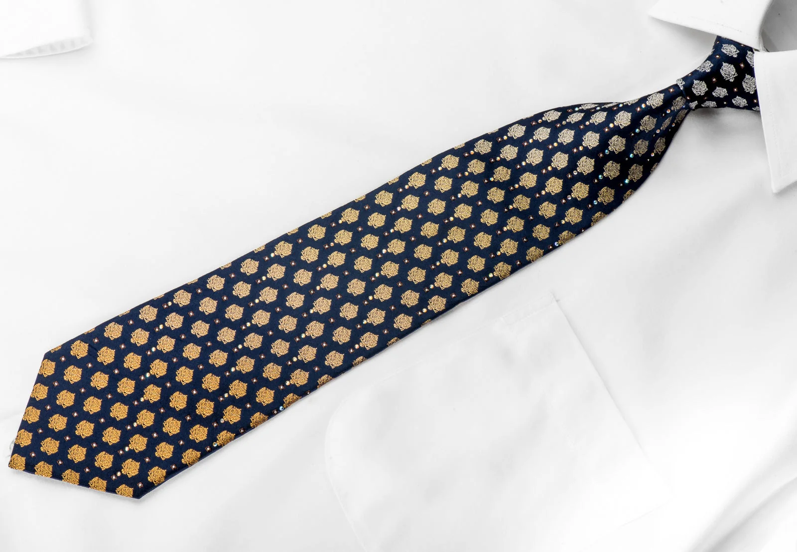 Renoma Mens Crystal Rhinestone Necktie Yellow Cartouche On Navy With Silver Sparkles - Image 4