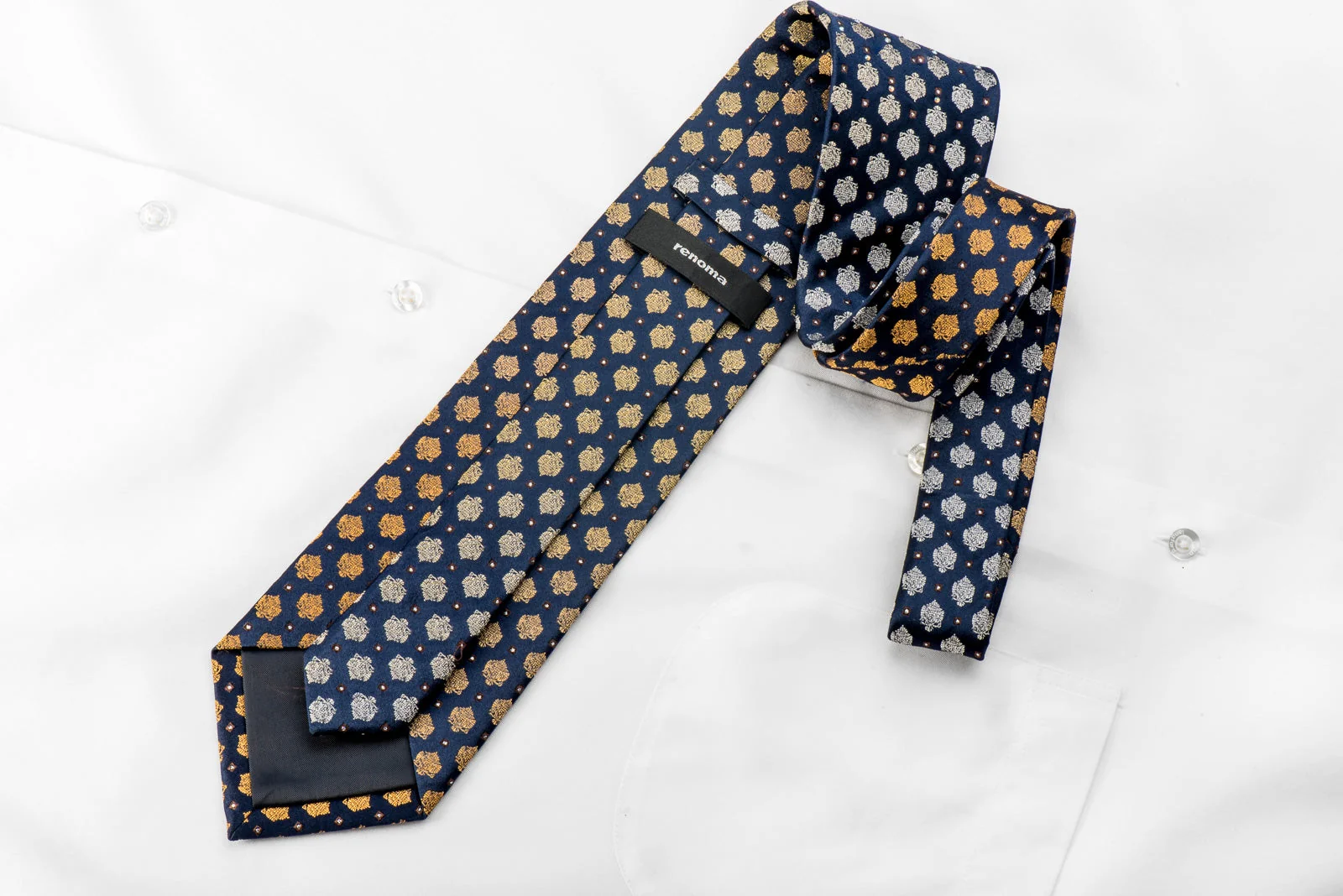 Renoma Mens Crystal Rhinestone Necktie Yellow Cartouche On Navy With Silver Sparkles - Image 5