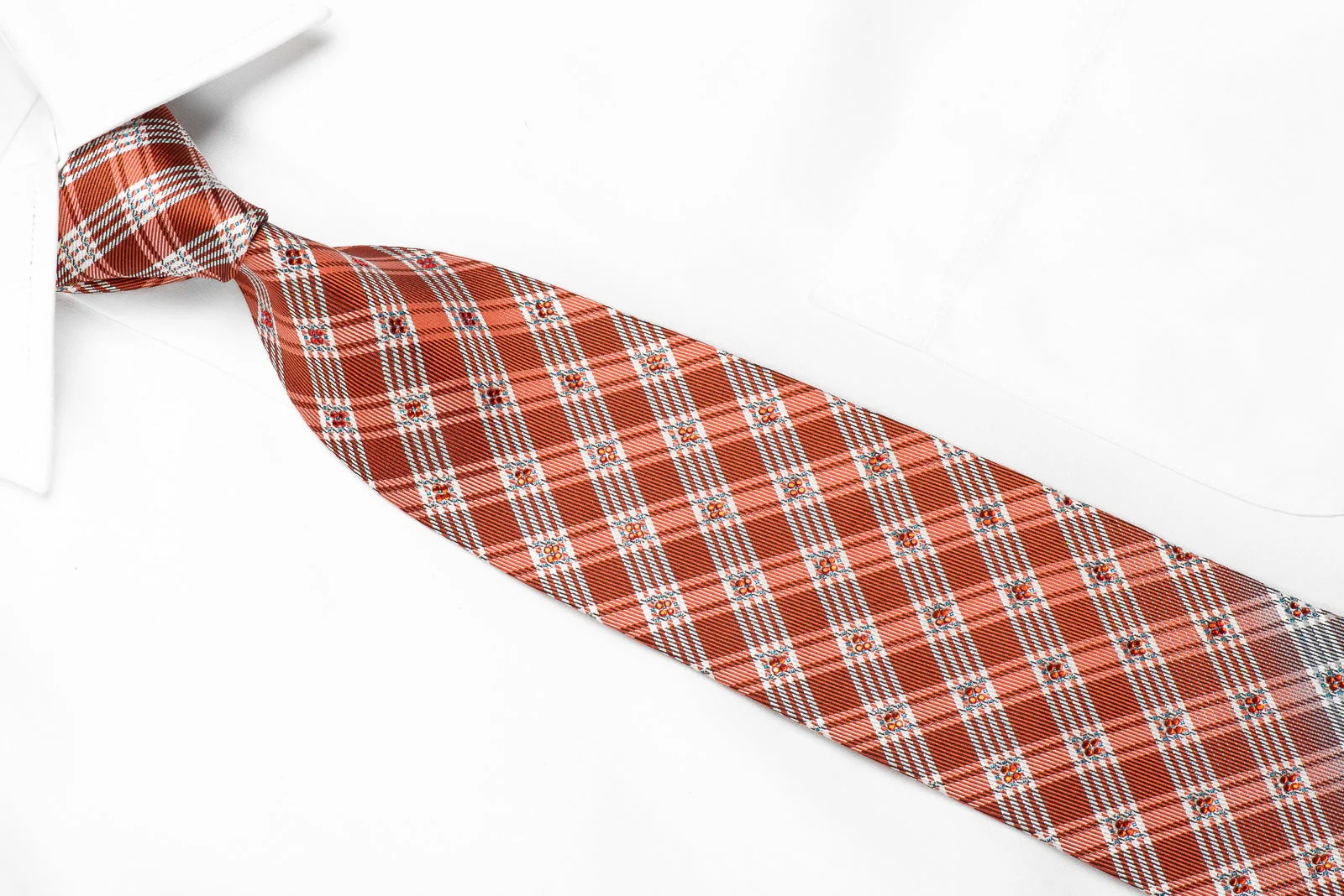 Renoma Mens Crystal Rhinestone Silk Tie Orange White Plaids With Silver Sparkles - Image 3