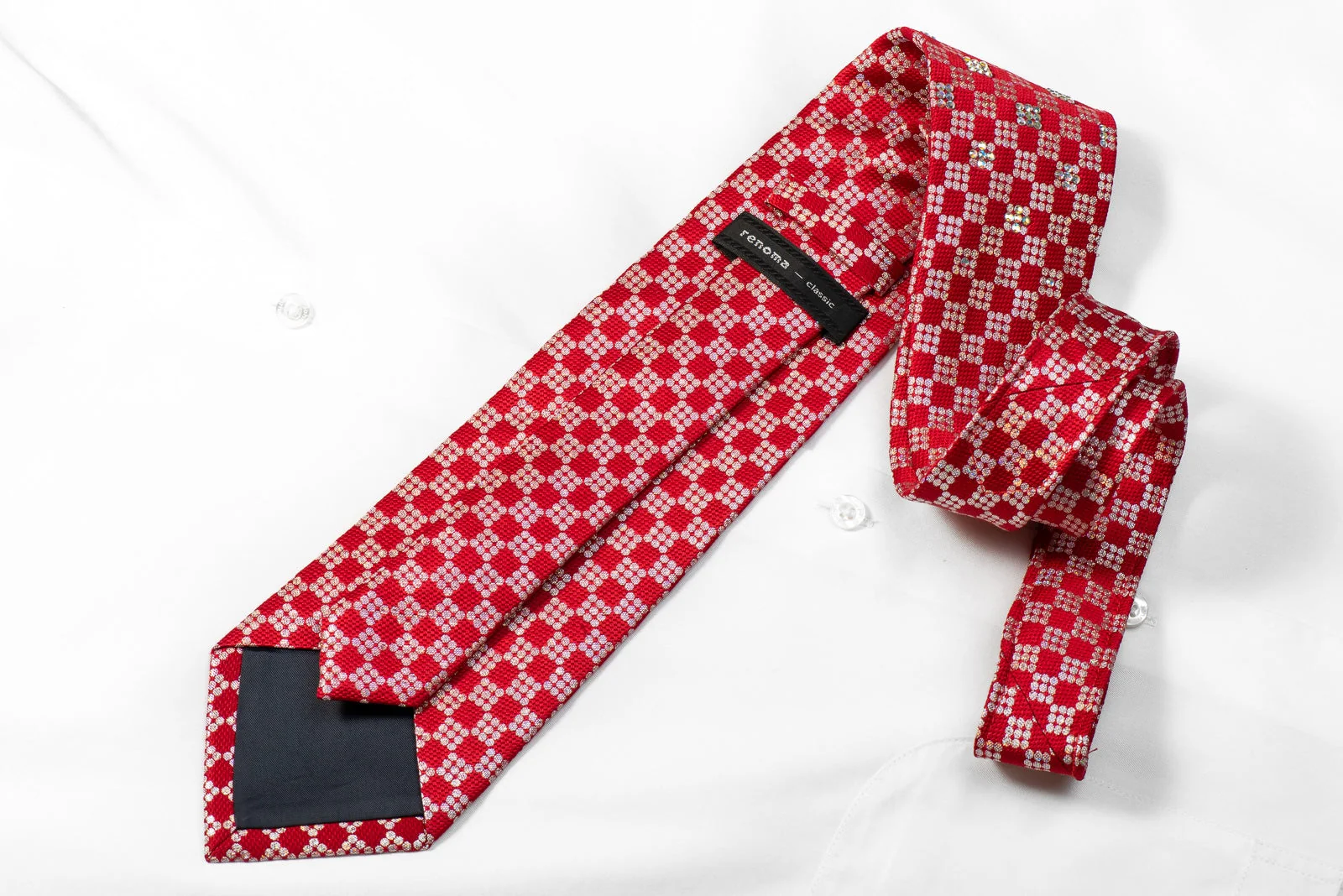 Renoma Mens Crystal Rhinestone Silk Tie Silver Red Checkered With Silver Sparkles - Image 4