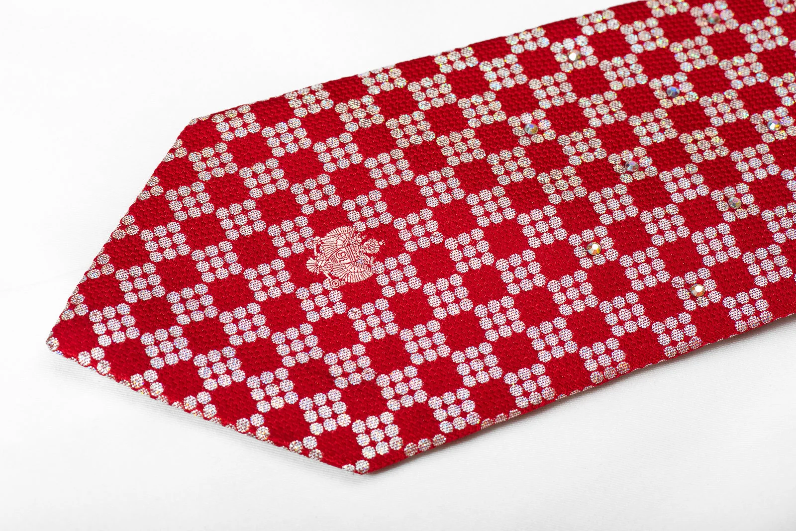 Renoma Mens Crystal Rhinestone Silk Tie Silver Red Checkered With Silver Sparkles - Image 5