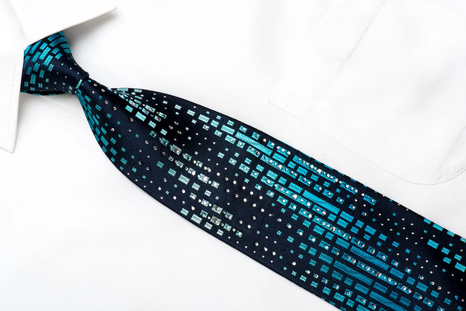 Renoma Mens Crystal Silk Tie Blue Geometric On Navy With Silver Sparkles - Image 2