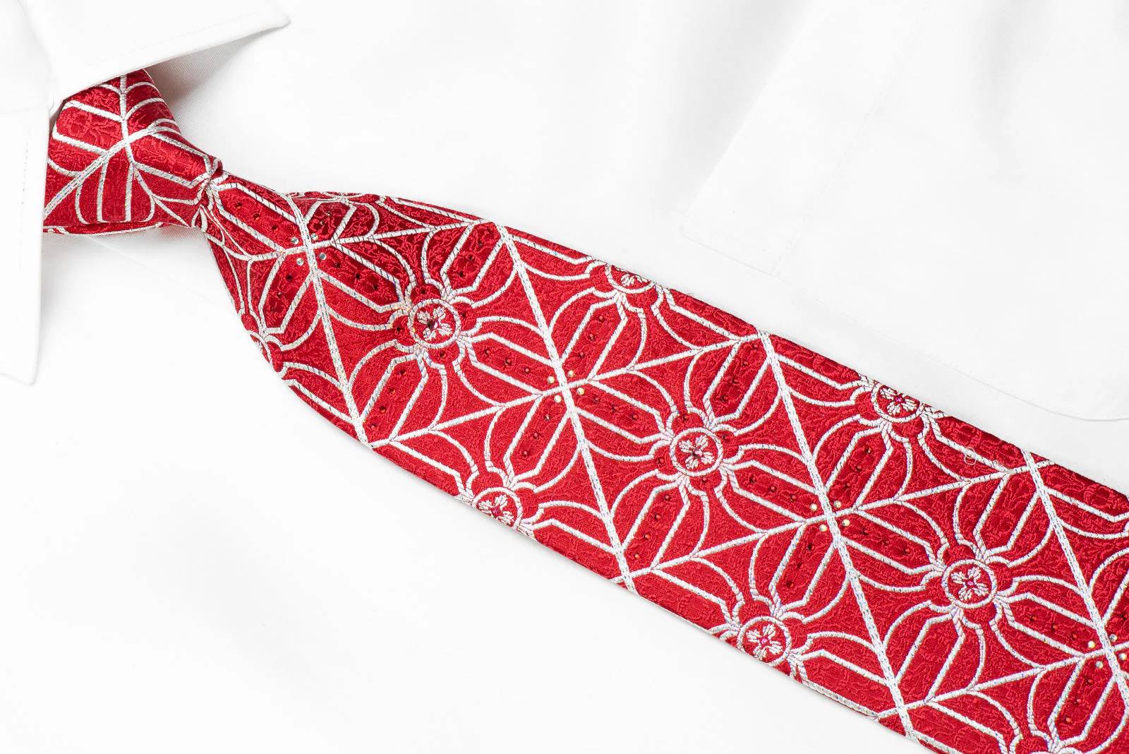 Renoma Mens Crystal Silk Tie Silver Trellis On Red With Silver Sparkles - Image 2