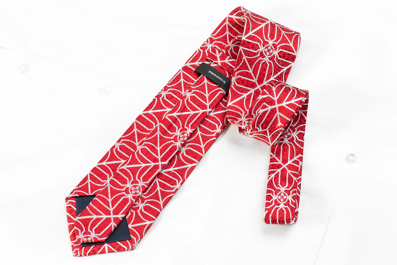 Renoma Mens Crystal Silk Tie Silver Trellis On Red With Silver Sparkles - Image 4