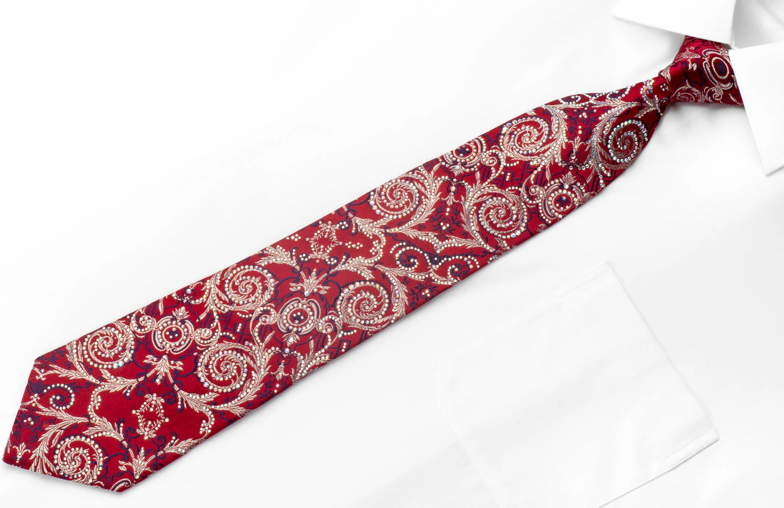 Renoma Mens Rhinestone Silk Necktie Silver Acanthus Scrolls On Red With Silver Sparkles - Image 3