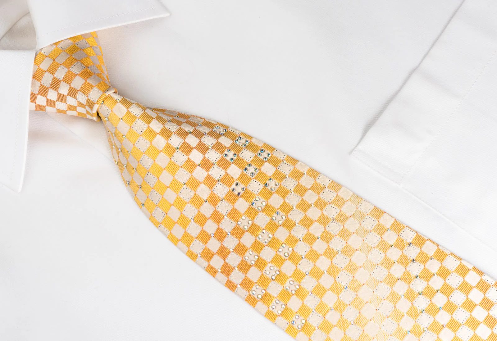 Renoma Mens Rhinestone Silk Necktie Yellow Whiter Checkered With Silver Sparkles - Image 2