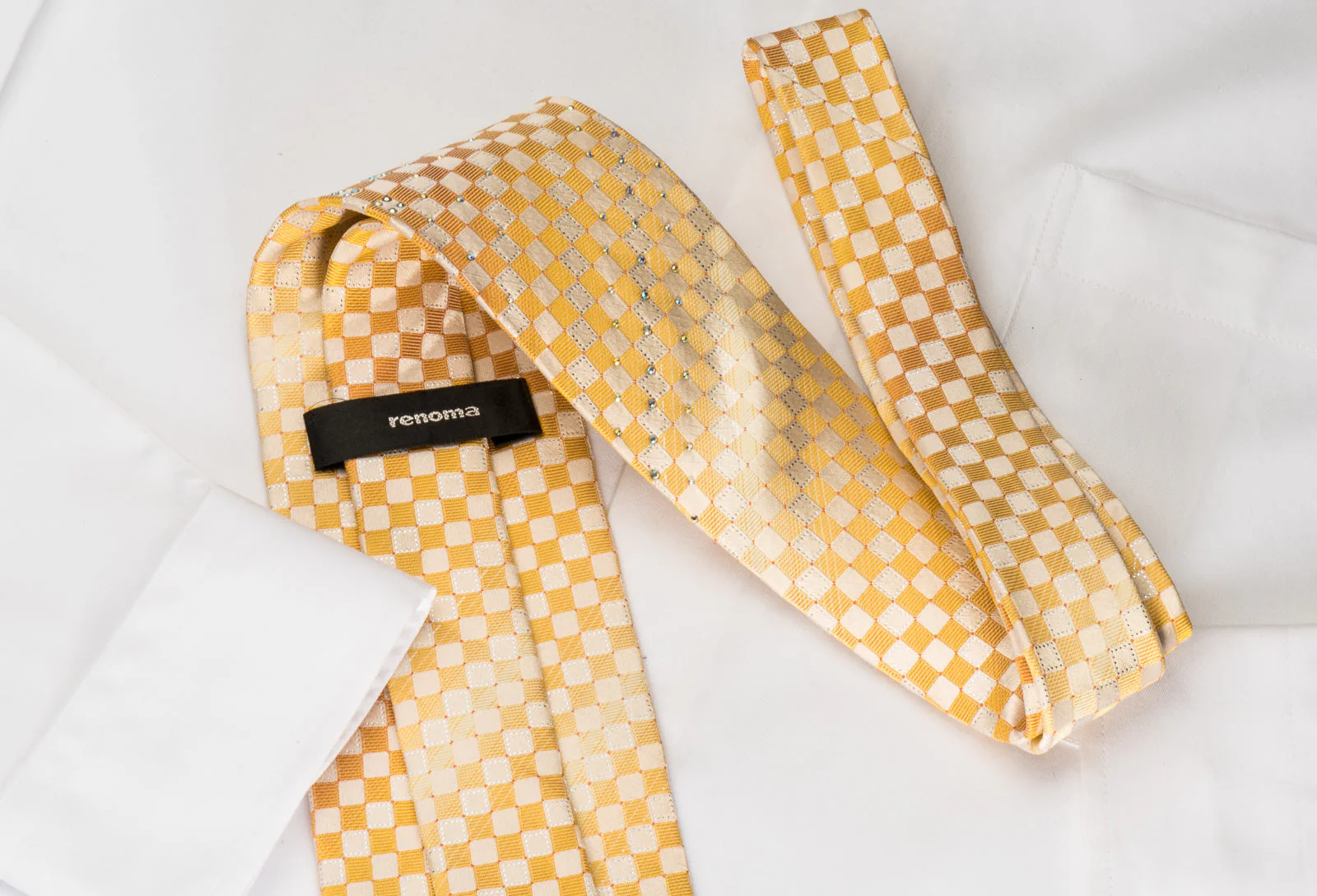 Renoma Mens Rhinestone Silk Necktie Yellow Whiter Checkered With Silver Sparkles - Image 5
