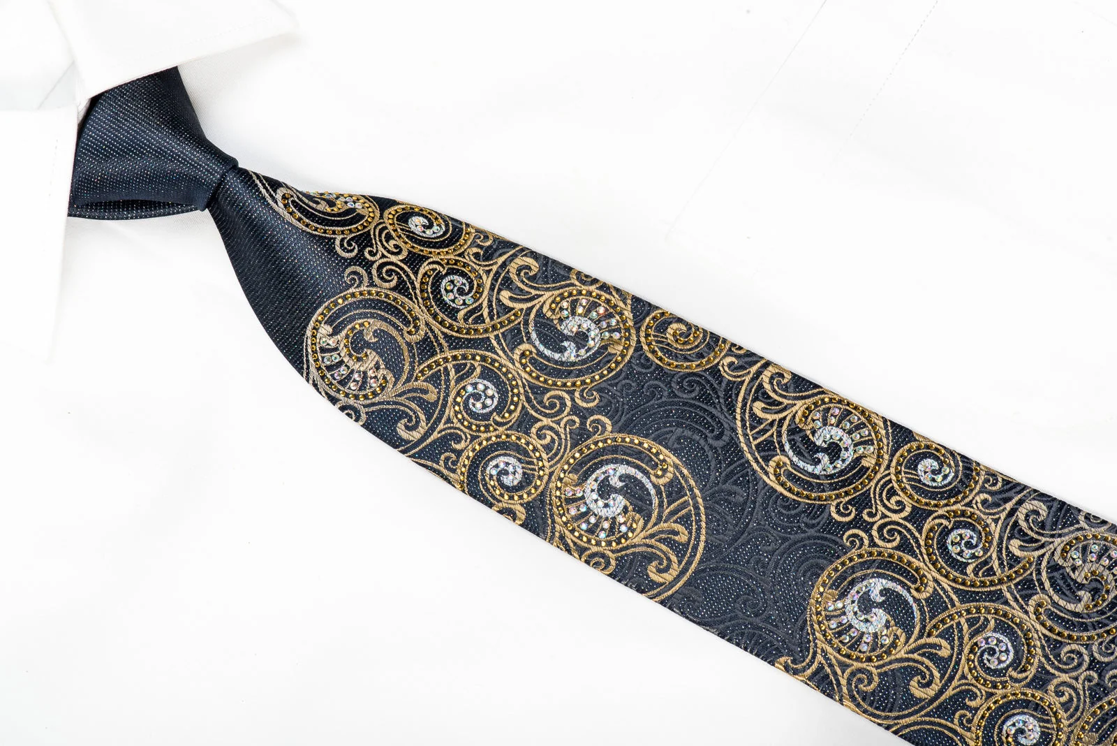 Renoma Mens Silk Crystal Necktie Gold Scrolls On Navy With Silver Sparkles - Image 2