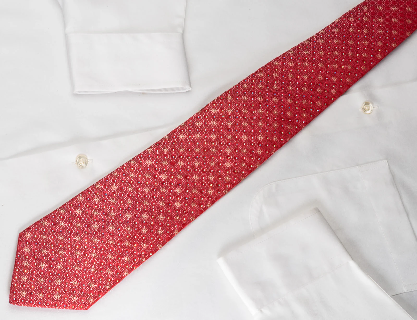 Renoma Mens Silk Necktie Silver Micro Dots On Red Sparkling With Rhinestones - Image 6