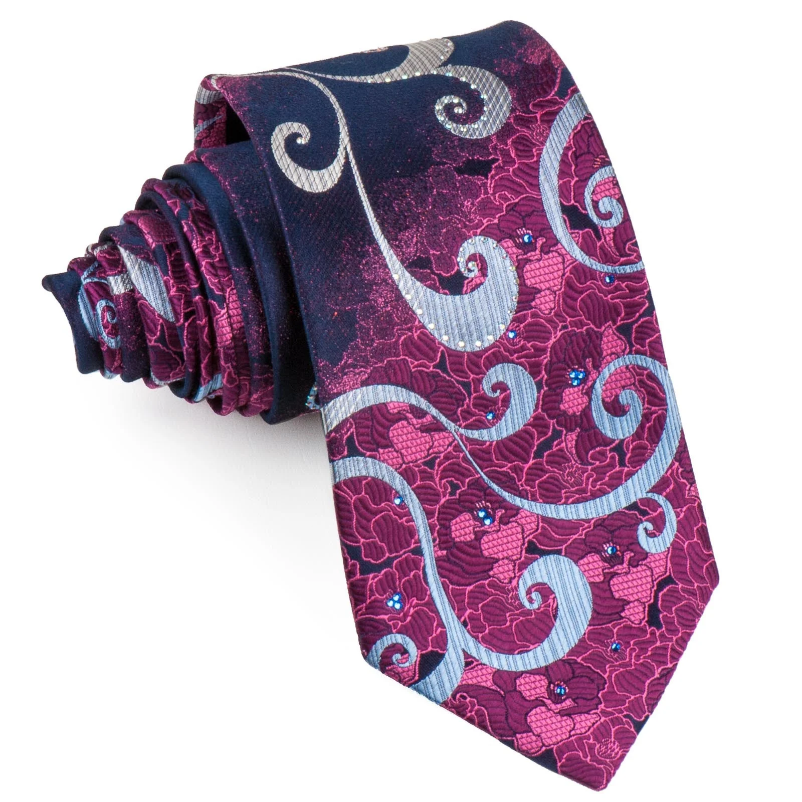 Renoma Mens Silk Necktie Silver Scrolls On Purple Floral Design With Rhinestones
