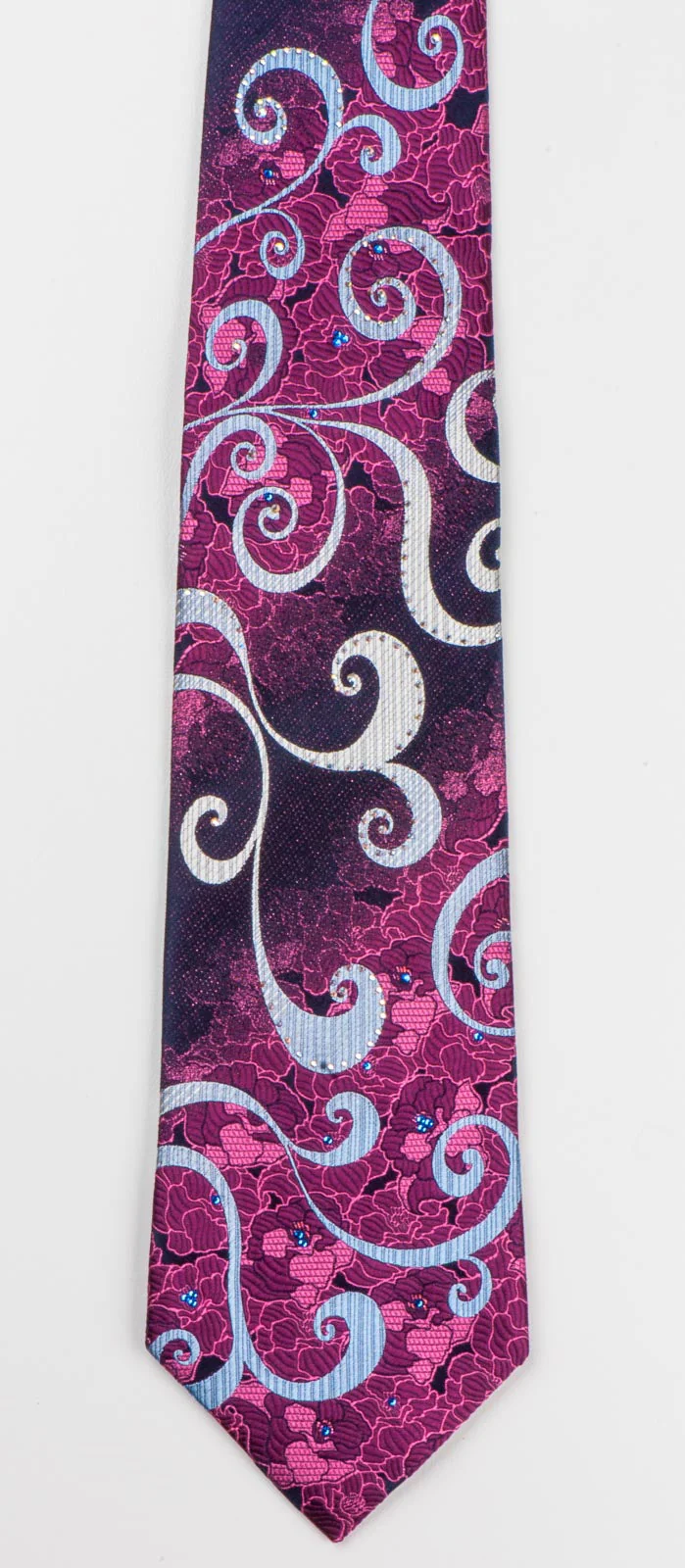 Renoma Mens Silk Necktie Silver Scrolls On Purple Floral Design With Rhinestones - Image 7