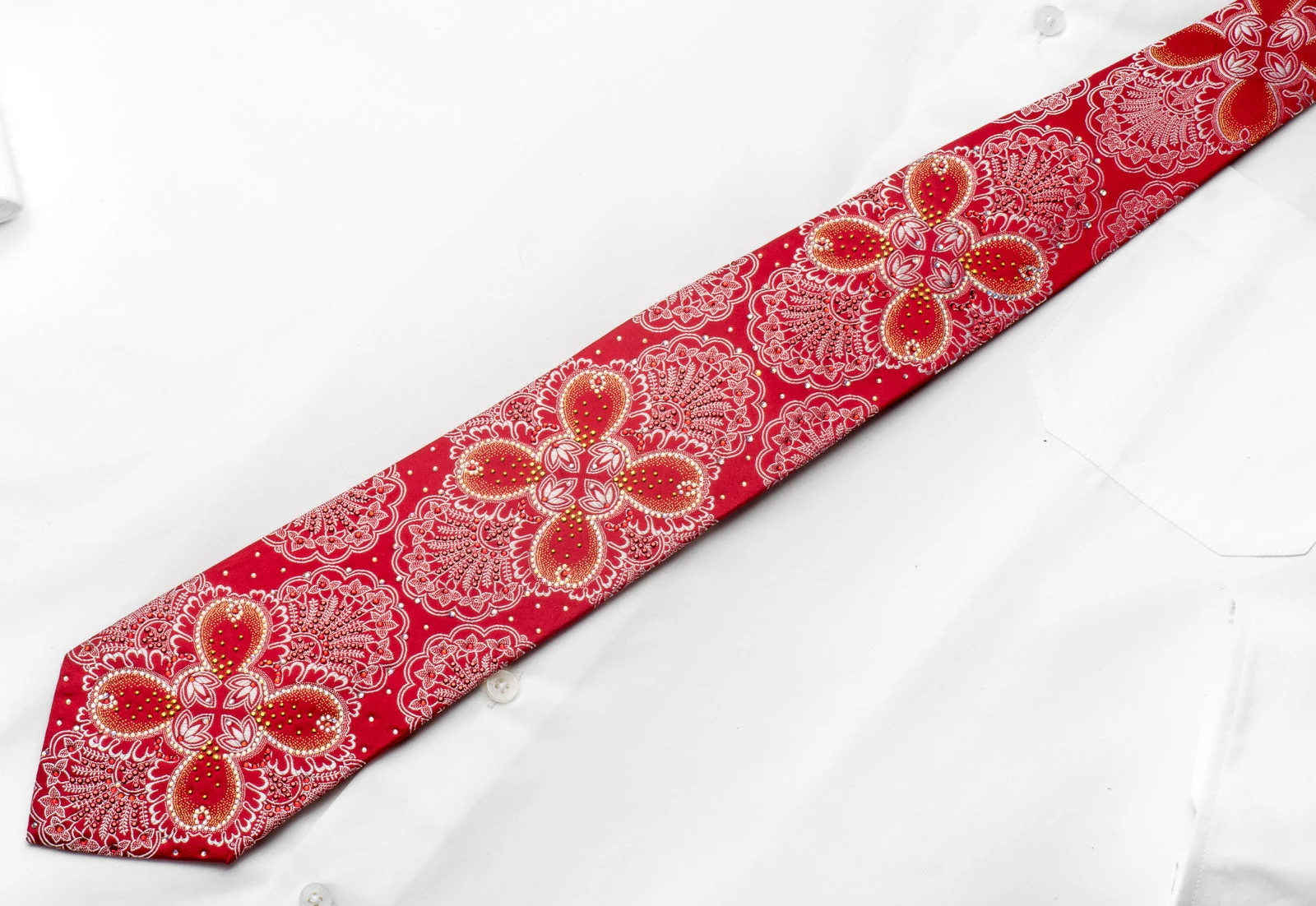 Renoma Mens Silk Rhinestone Necktie Silver Floral On Red With Golden Sparkles - Image 3