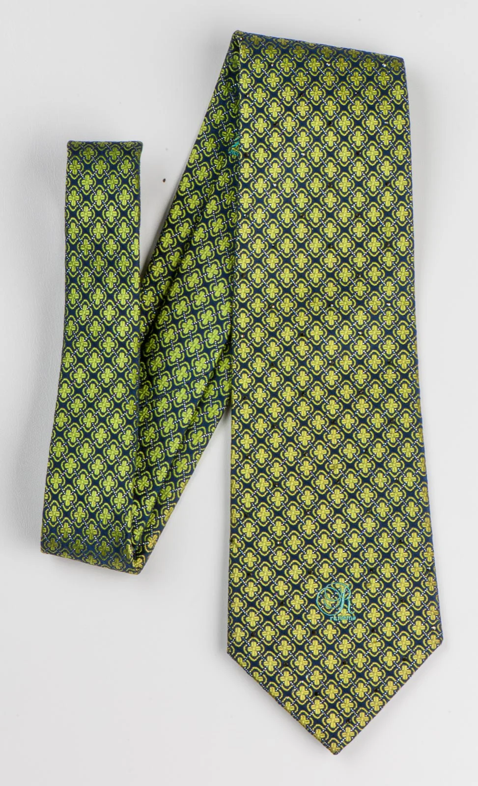Renoma Neck Tie Green Quatrefoil On Dark Blue Silk With Dark Blue Rhinestones - Image 5