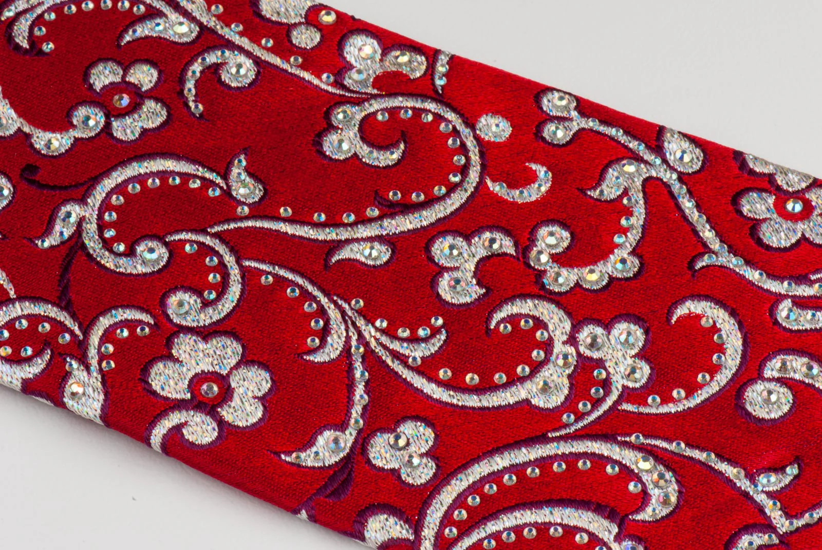 Renoma Neck Tie Silver Floral On Red Silk With Rhinestones 3 1/4 Inch - Image 6
