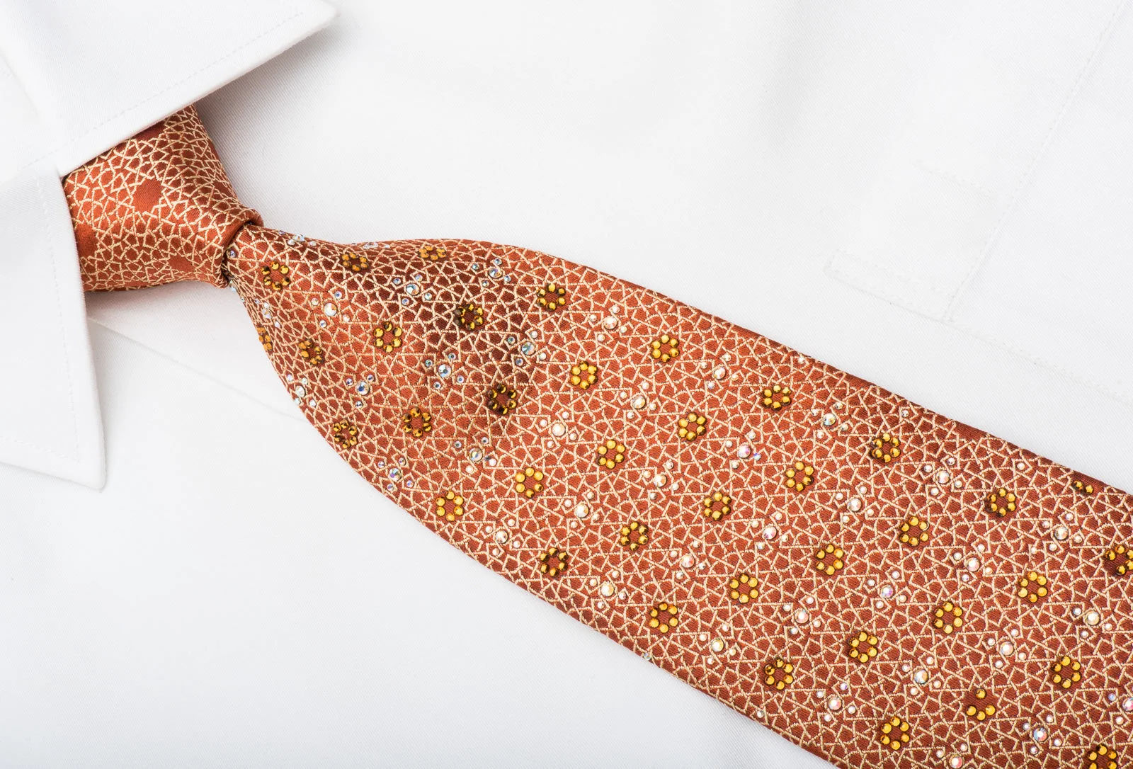Renoma Mens Rhinestone Necktie Arabesque On Orange Silk - Image 2