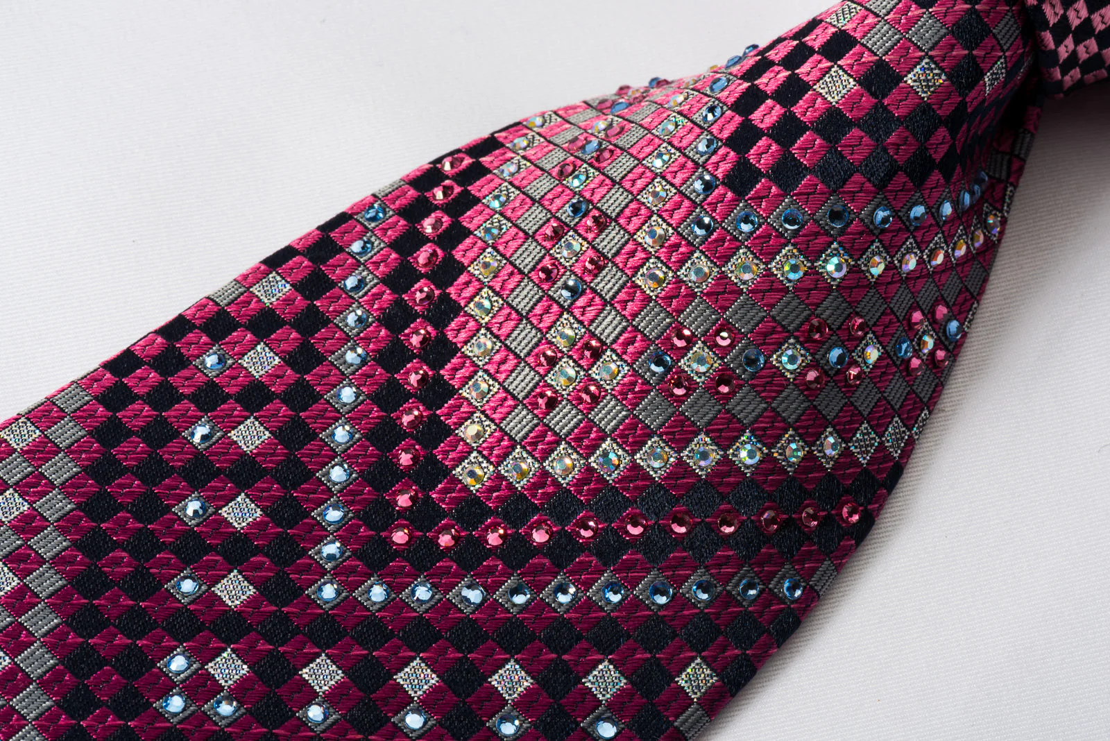 Renoma Rhinestone Necktie Checker V-Stripes On Purple With Silver Sparkles - Image 4