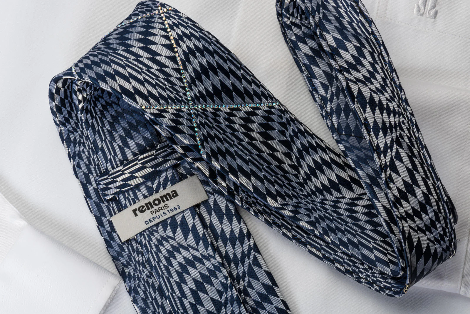 Renoma Rhinestone Necktie Geometric Silver Checker On Dark Blue - Image 2