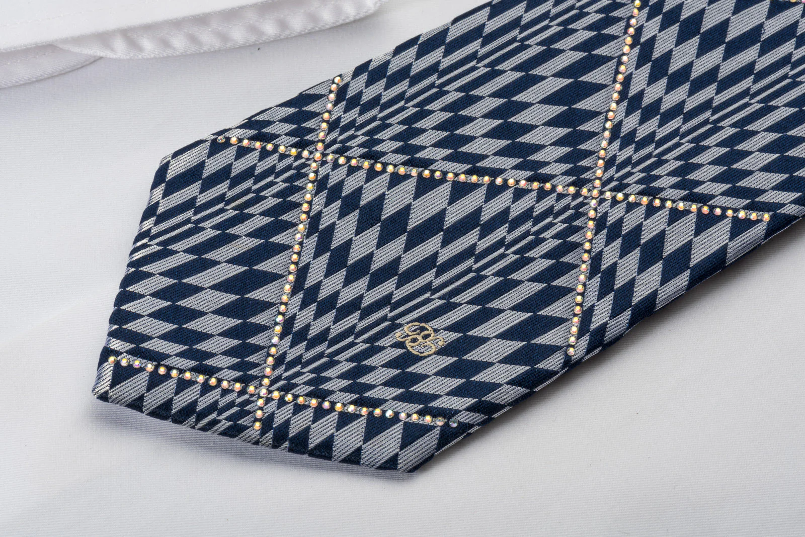 Renoma Rhinestone Necktie Geometric Silver Checker On Dark Blue - Image 3