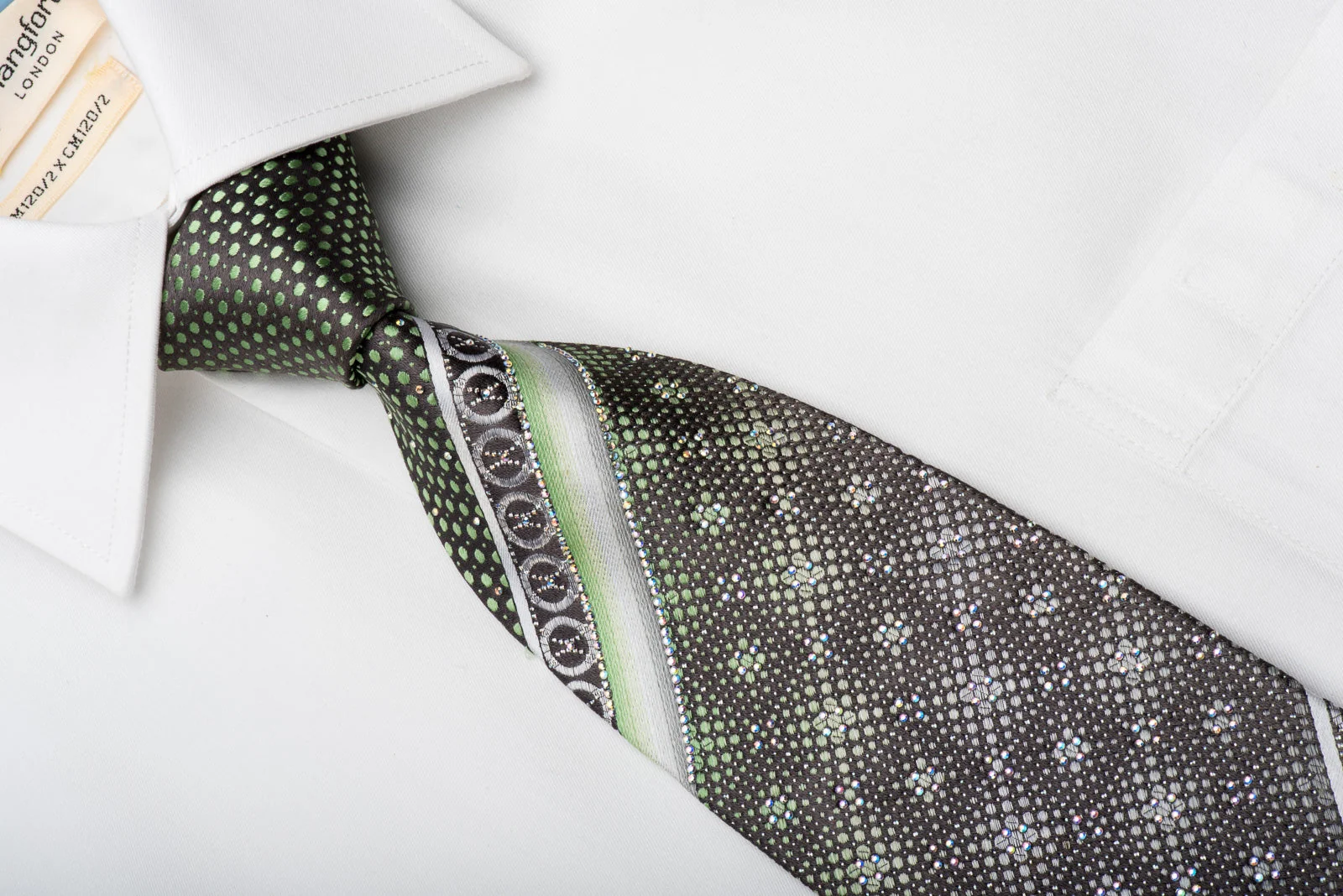 Renoma Rhinestone Necktie Green Dots On Gray With Silver Sparklles - Image 3