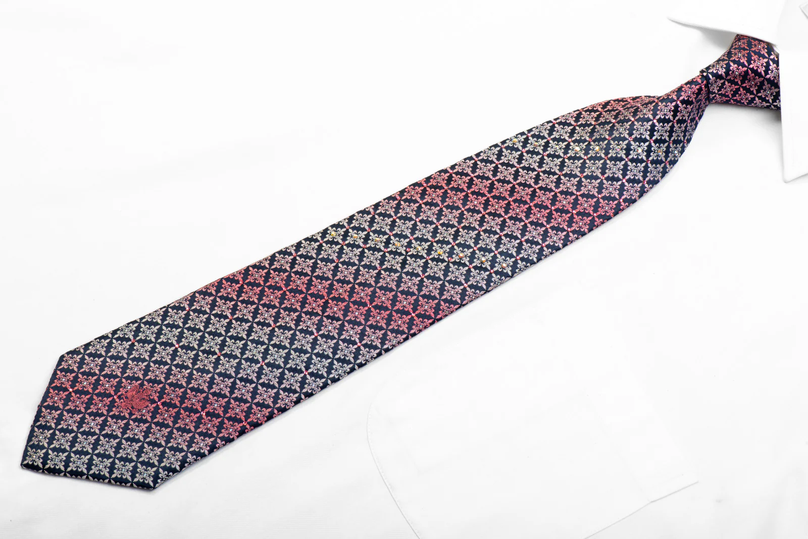Renoma Rhinestone Necktie Pink Silver Fleur de Lis on Navy With Sparkles - Image 3