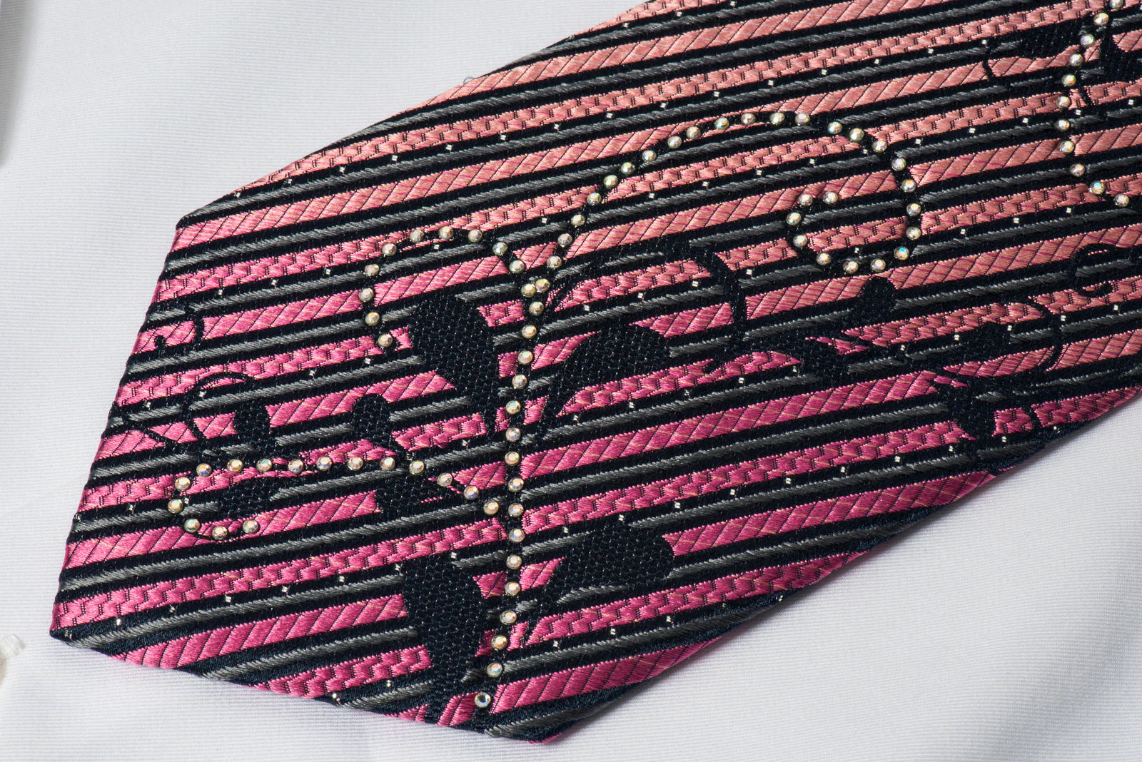 Renoma Rhinestone Necktie Purple Striped On Black With Silver Sparkles - Image 4