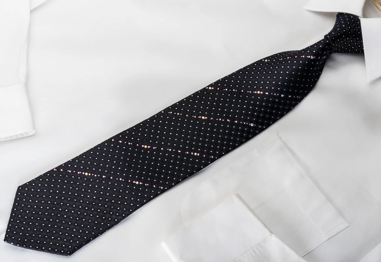 Renoma Rhinestone Necktie Silver Dots On Black With Striped Rhinestones - Image 6