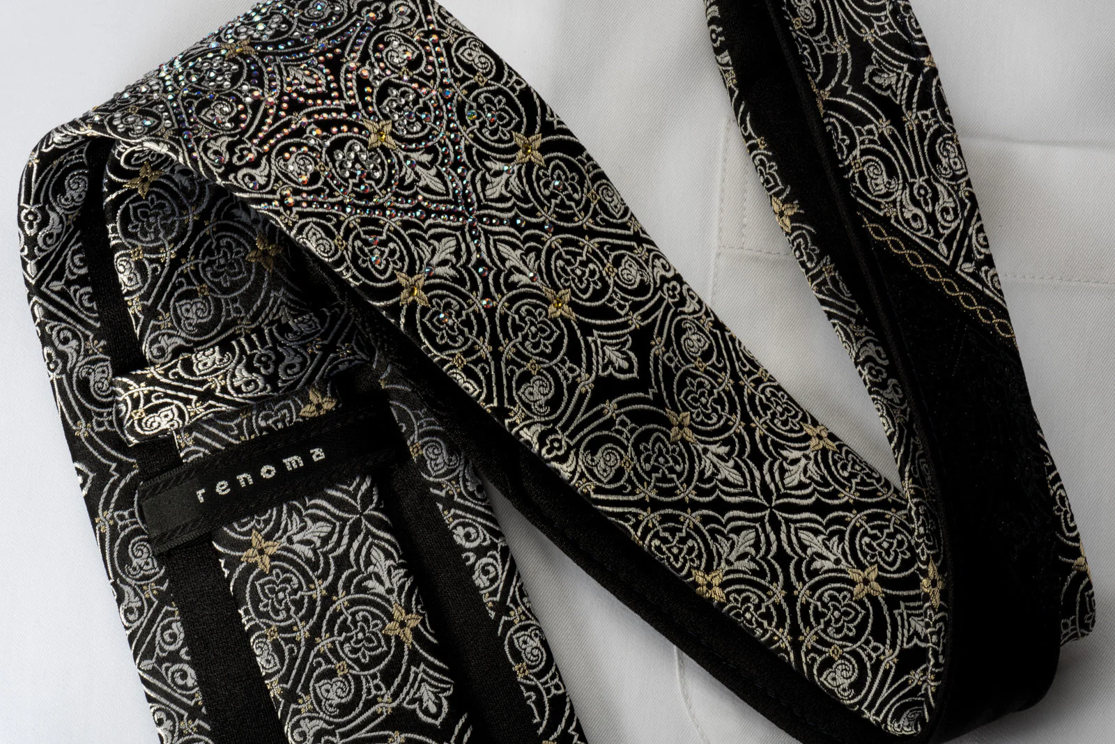 Renoma Rhinestone Necktie Silver Flur De Lis On Black Gold Label - Image 5
