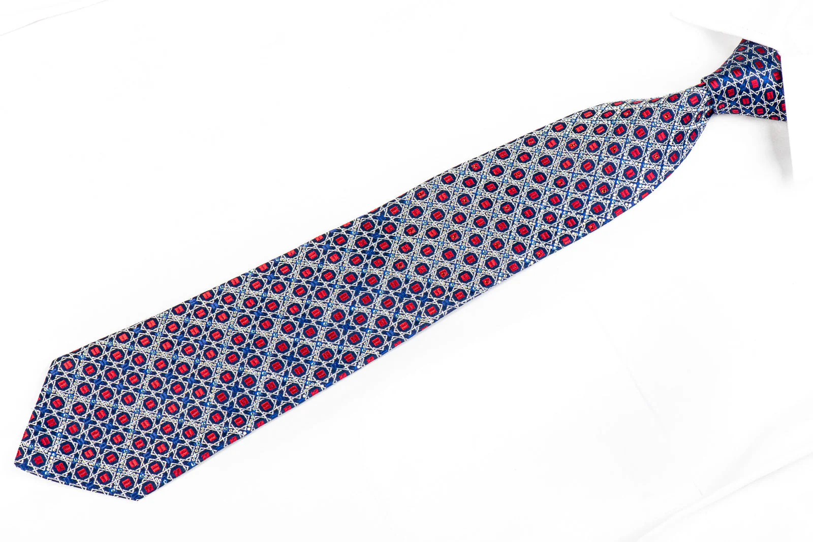 Renoma Rhinestone Necktie Silver Red Geometric Trellis On Blue - Image 4