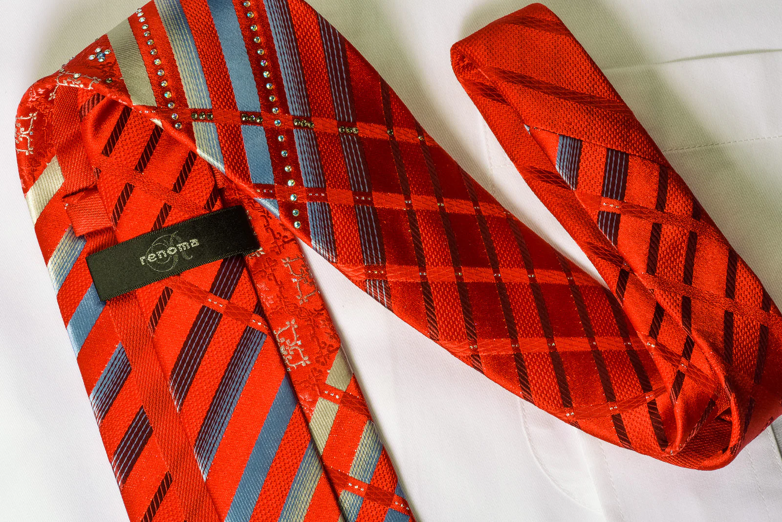 Renoma Rhinestone Necktie Silver Striped On Red With Silver Sparkles - Image 3
