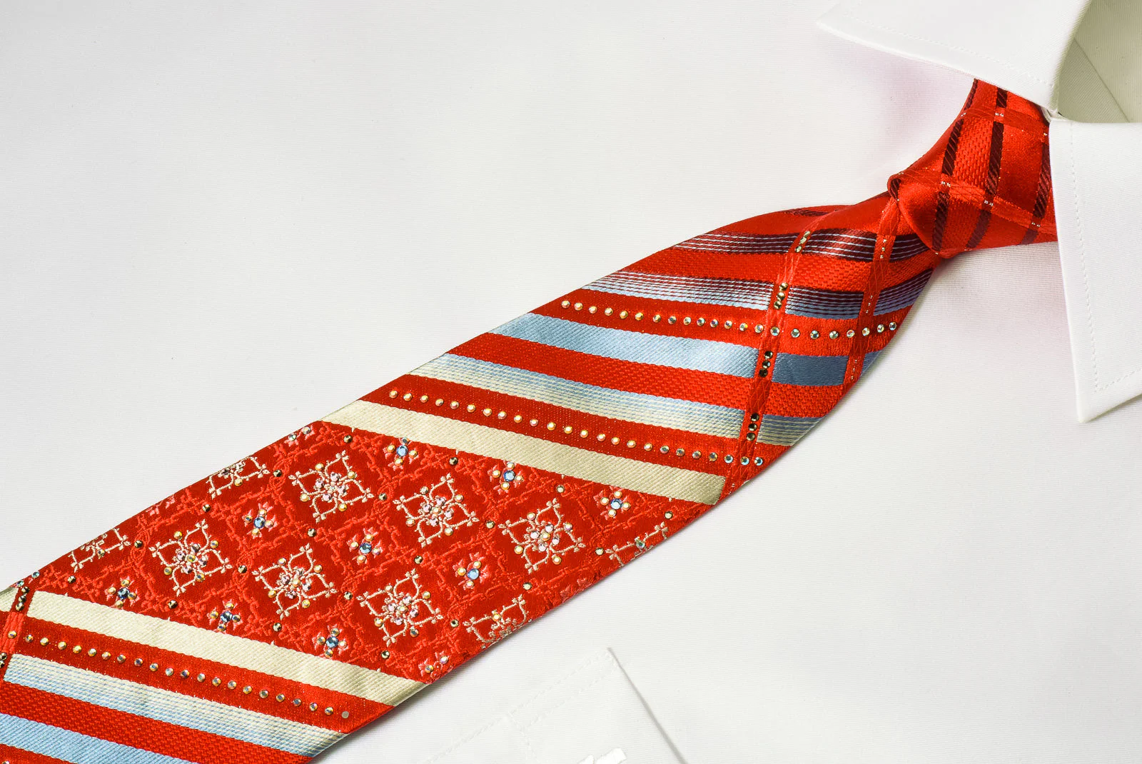 Renoma Rhinestone Necktie Silver Striped On Red With Silver Sparkles - Image 5