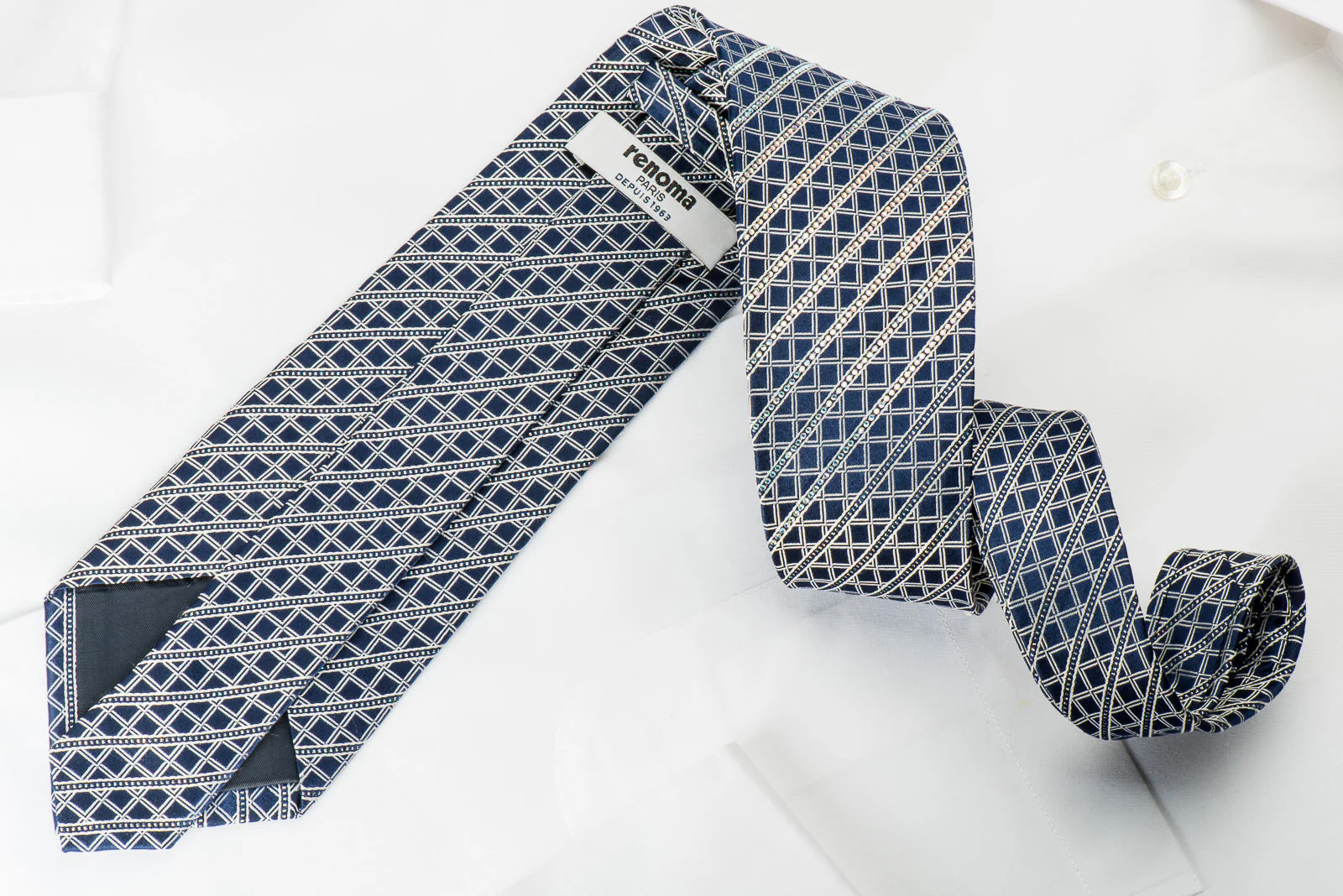 Renoma Rhinestone Necktie Silver Striped Trellis On Blue With - Image 4