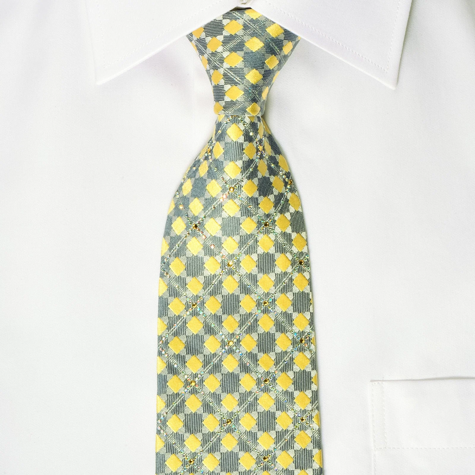 Renoma Rhinestone Necktie Silver Yellow Checker Design With Silver Sparkles