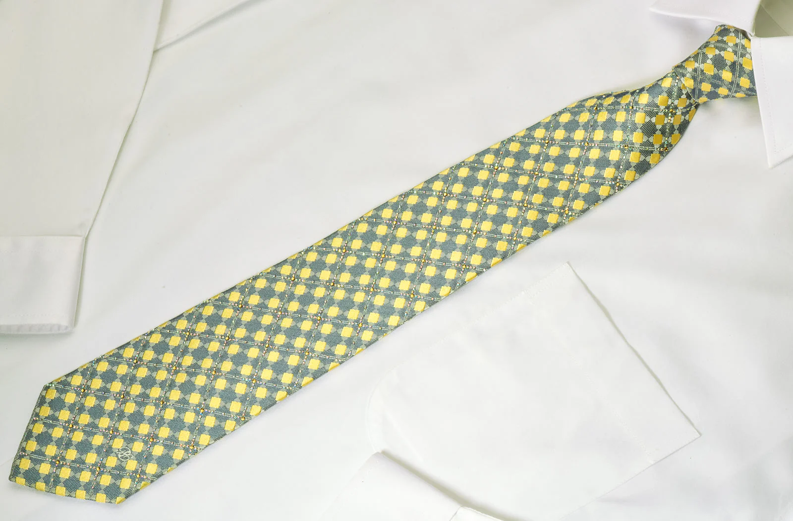 Renoma Rhinestone Necktie Silver Yellow Checker Design With Silver Sparkles - Image 5