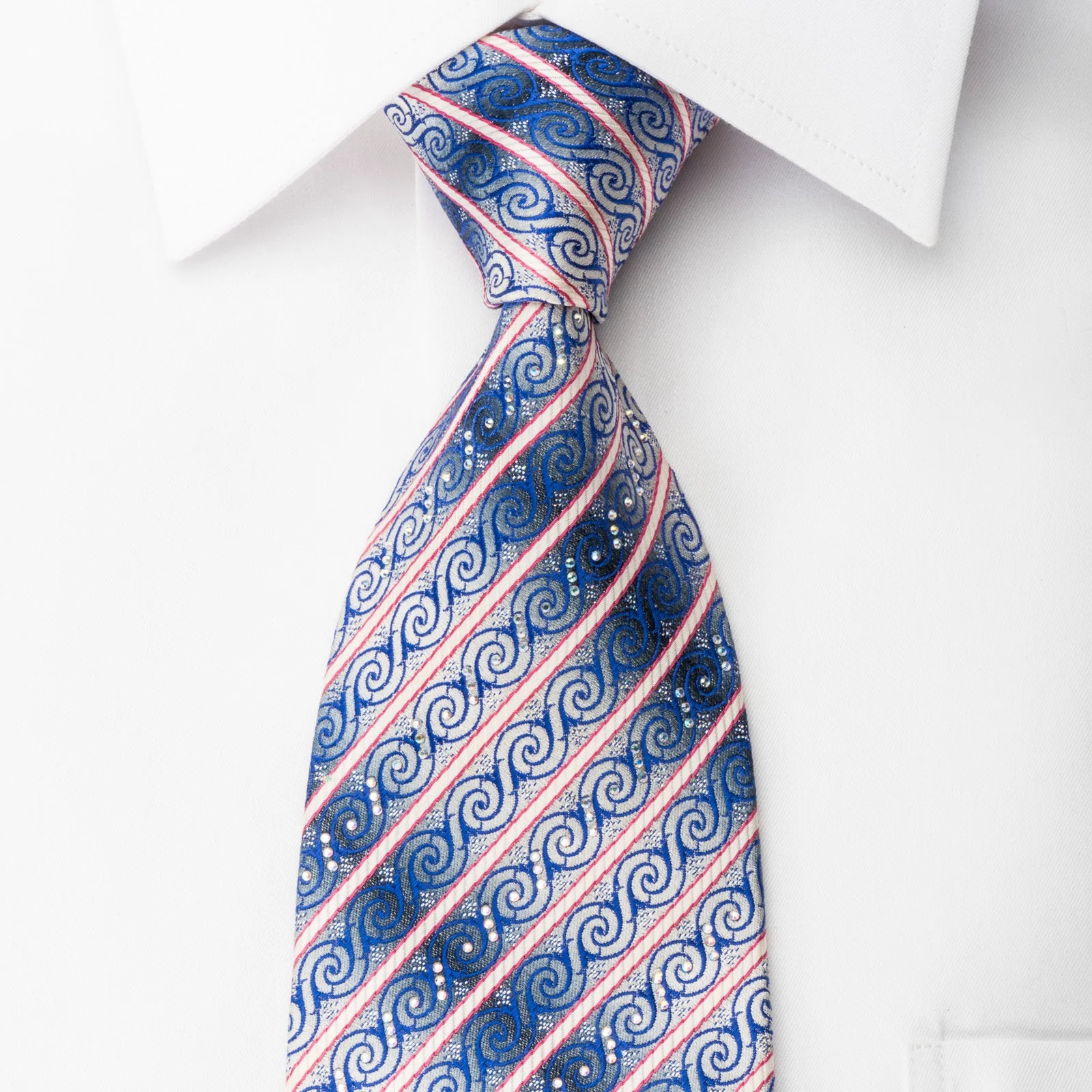 Renoma Rhinestone Necktie Striped On Blue With Silver Sparkles