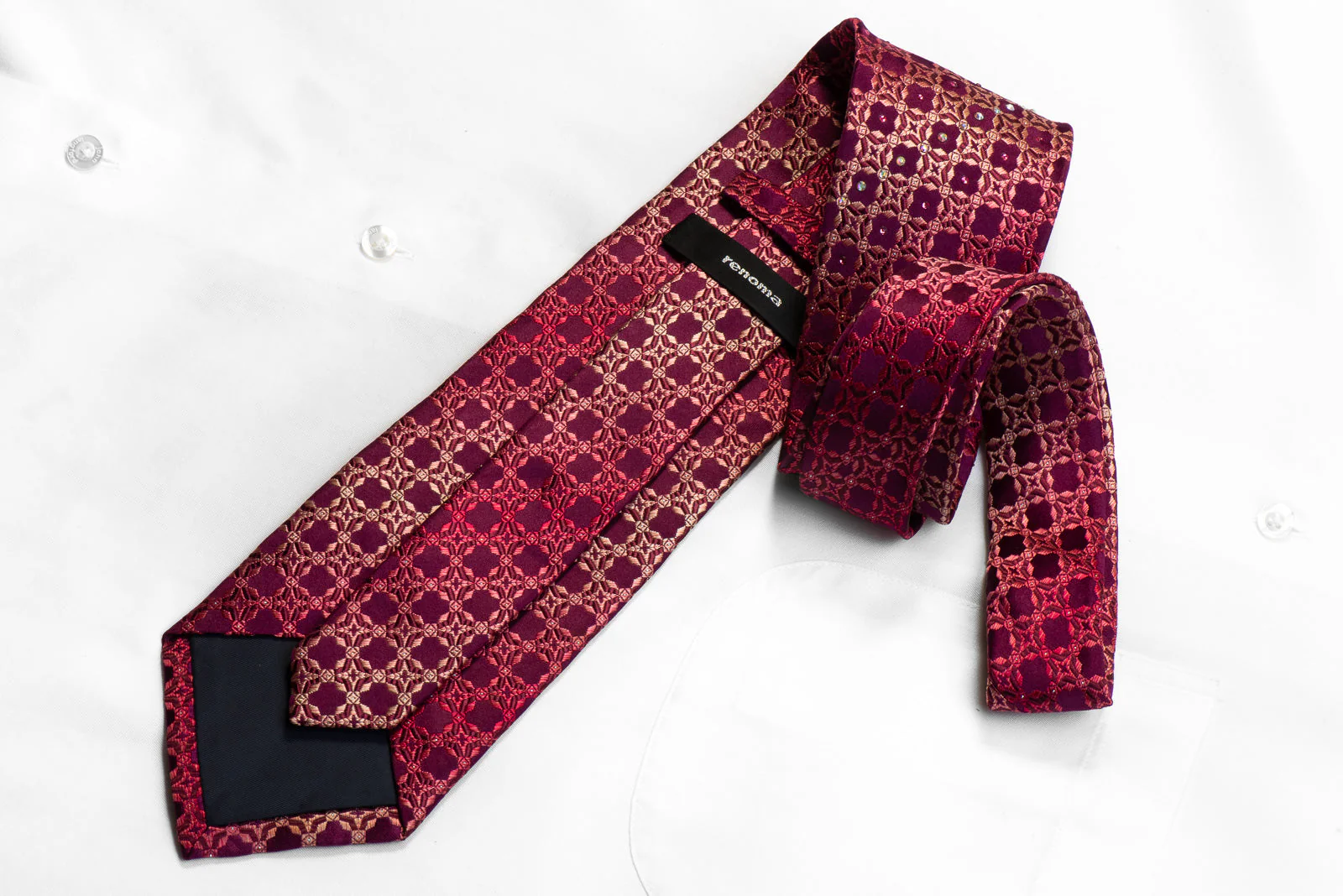 Renoma Rhinestone Silk Necktie Cartouche On Burgundy With Sparkles - Image 4