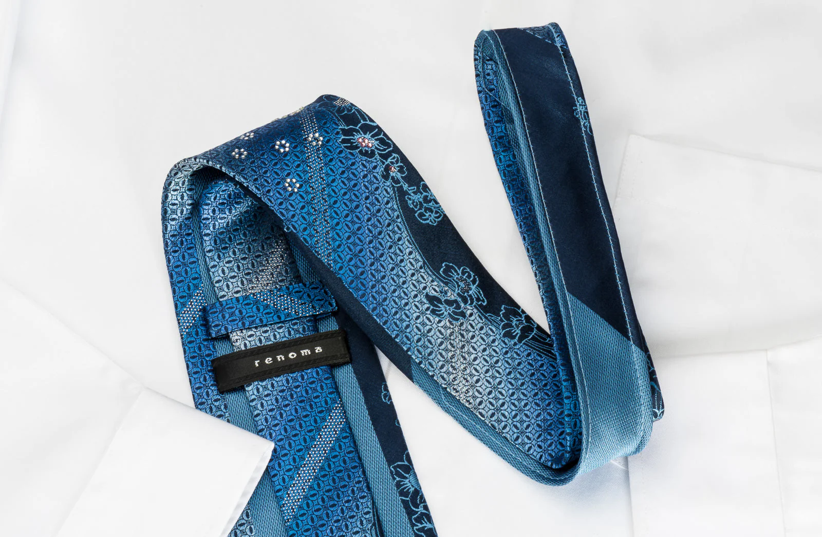 Renoma Rhinestone Silk Necktie Floral On Blue With Silver Sparkles - Image 7