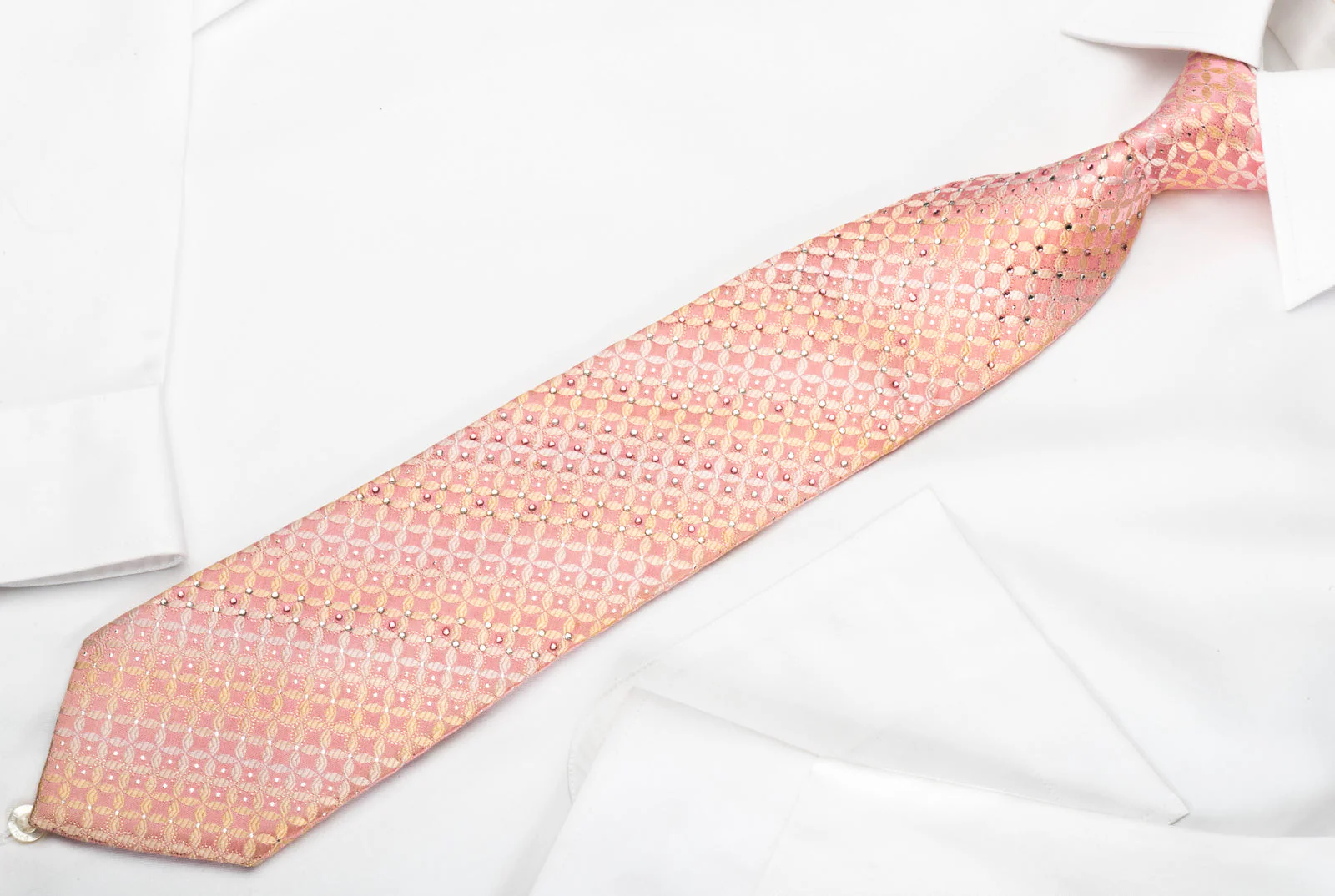 Renoma Rhinestone Silk Necktie Geometric On Pink With Silver Sparkles - Image 3