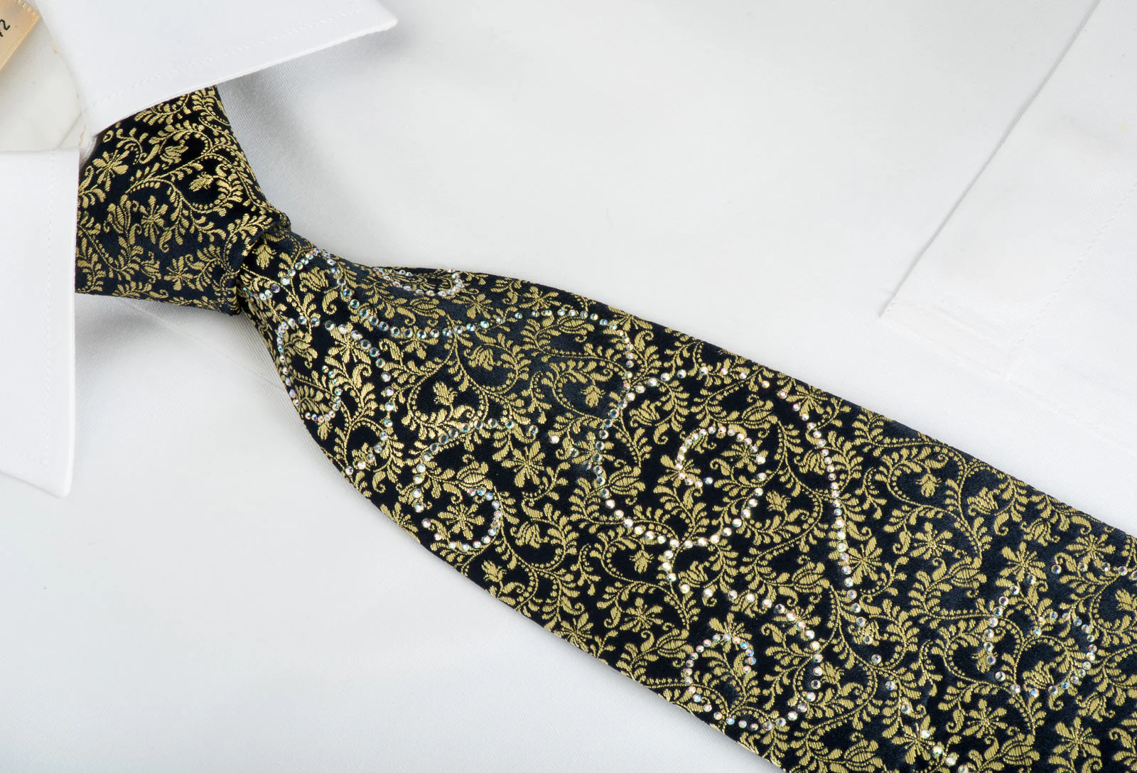 Renoma Rhinestone Silk Necktie Gold Anthemion On Navy With Gold Sparkles - Image 5
