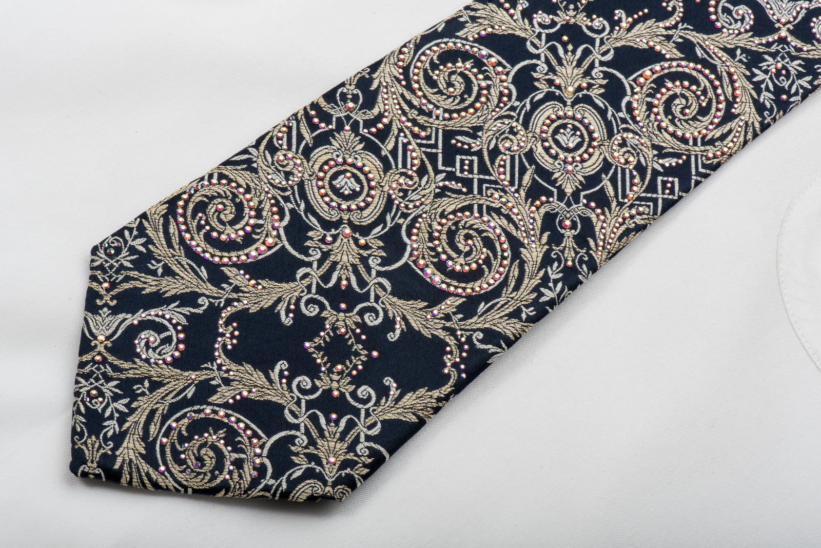 Renoma Rhinestone Silk Necktie Golden Filigree On Navy With Gold Sparkles - Image 2