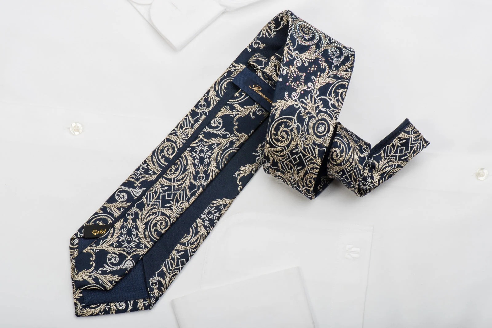 Renoma Rhinestone Silk Necktie Golden Filigree On Navy With Gold Sparkles - Image 7