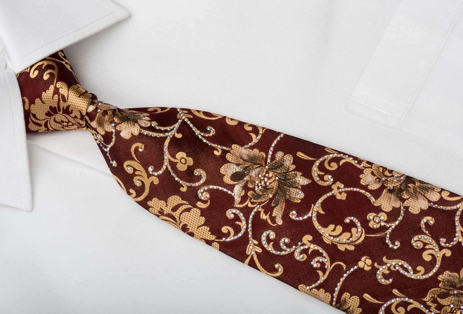 Renoma Rhinestone Silk Necktie Golden Floral On Brown With Silver Sparkles - Image 2
