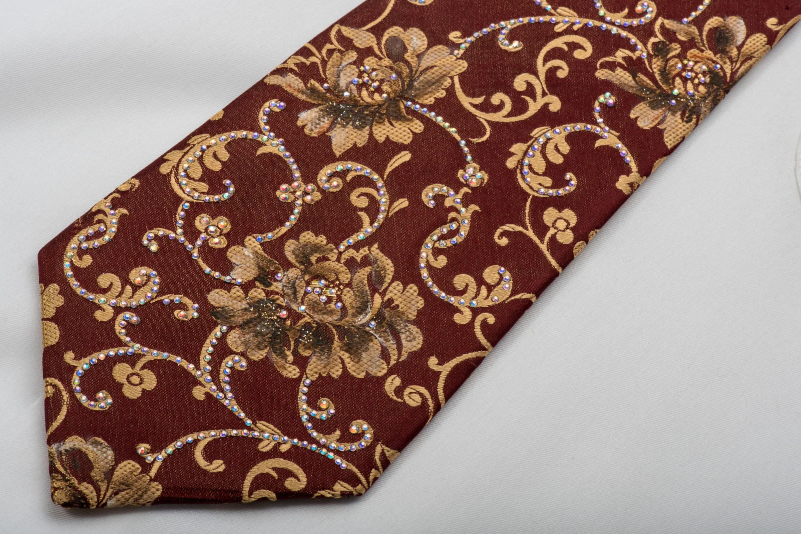 Renoma Rhinestone Silk Necktie Golden Floral On Brown With Silver Sparkles - Image 3